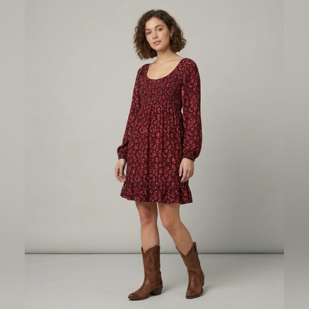 Blumind XL Boho Paisley Smocked Bodice Ruffle Hem Mini Dress Burgundy Red